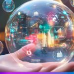 Visualização futurista de tecnologia de dados e inteligência artificial dentro de uma bolha digital, representando inovação, big data e transformação digital.