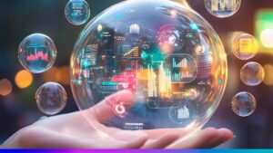 Visualização futurista de tecnologia de dados e inteligência artificial dentro de uma bolha digital, representando inovação, big data e transformação digital.