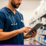 Profissional de saúde utilizando tablet para controle de estoque farmacêutico, representando gestão digital e monitoramento de medicamentos.
