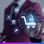 Tecnologia de Inteligência Artificial aplicada ao varejo, mostrando carrinho digital com IA e ícones de coleta e análise de dados para experiência do cliente