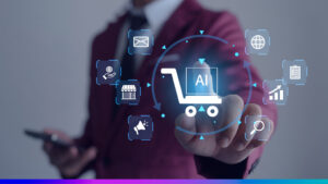 Tecnologia de Inteligência Artificial aplicada ao varejo, mostrando carrinho digital com IA e ícones de coleta e análise de dados para experiência do cliente