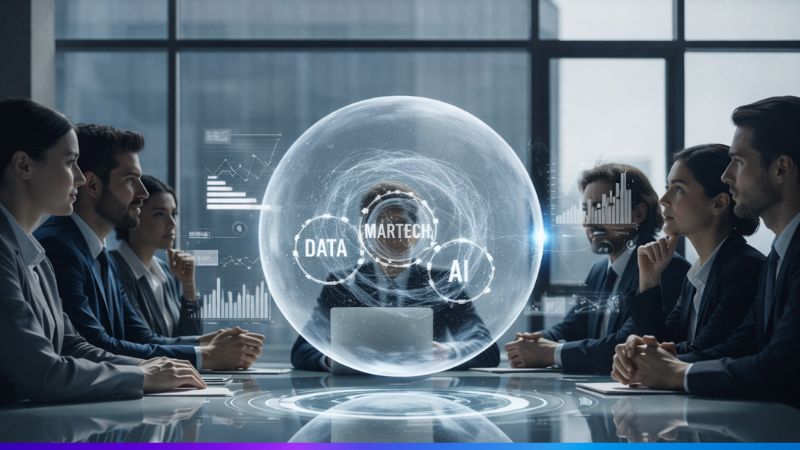 Reunião de executivos analisando a integração entre dados, martech e inteligência artificial em um ambiente corporativo moderno.