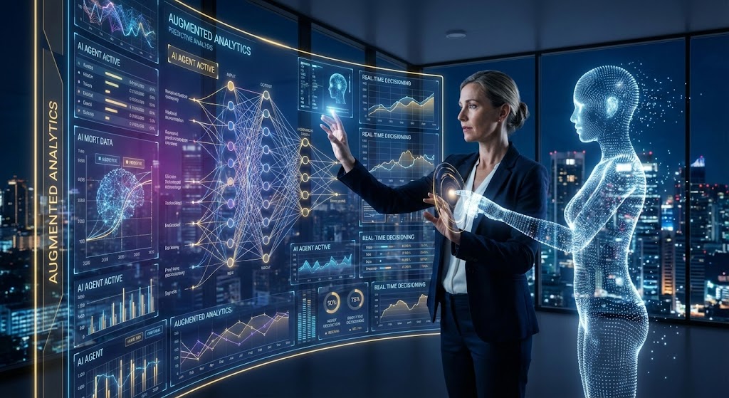 Uma profissional em um centro de comando futurista colabora com um avatar de IA brilhante para analisar visualizações de dados holográficos complexos, representando o conceito de inteligência aumentada em analytics.