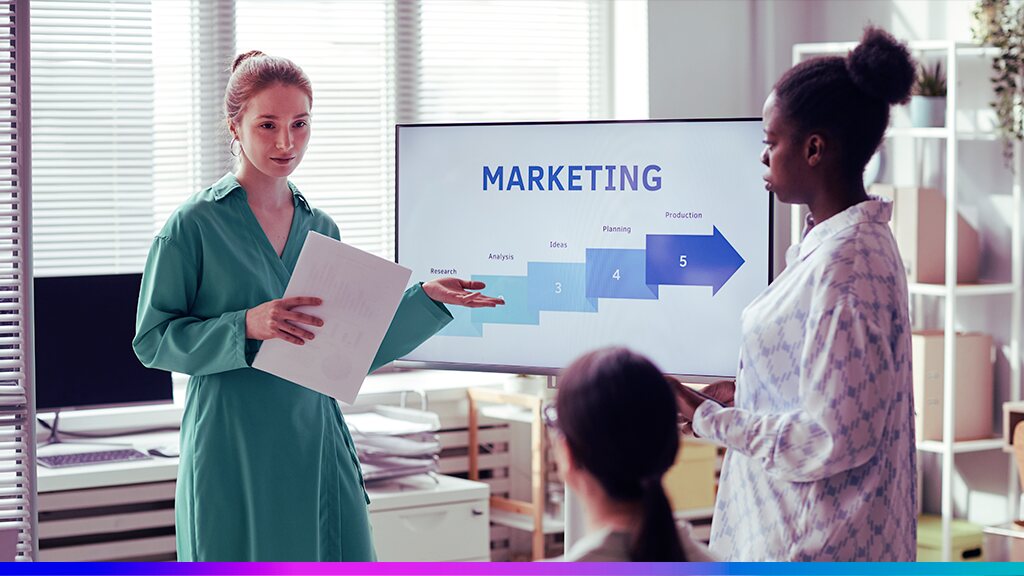 Profissionais apresentando planejamento estratégico de marketing em uma reunião, com gráfico em tela mostrando etapas de pesquisa, ideias e produção.