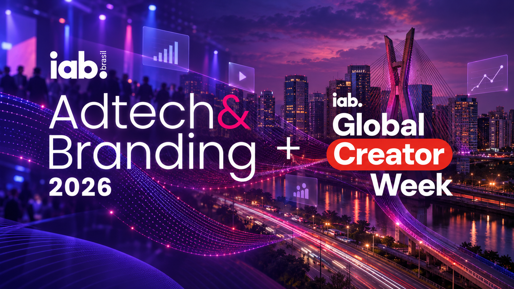 Identidade visual do Adtech & Branding 2026, do IAB Brasil, sobre a paisagem de São Paulo
