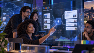 Profissionais brasileiros diversos analisam dados de GEO e inteligência artificial no Google Search Console