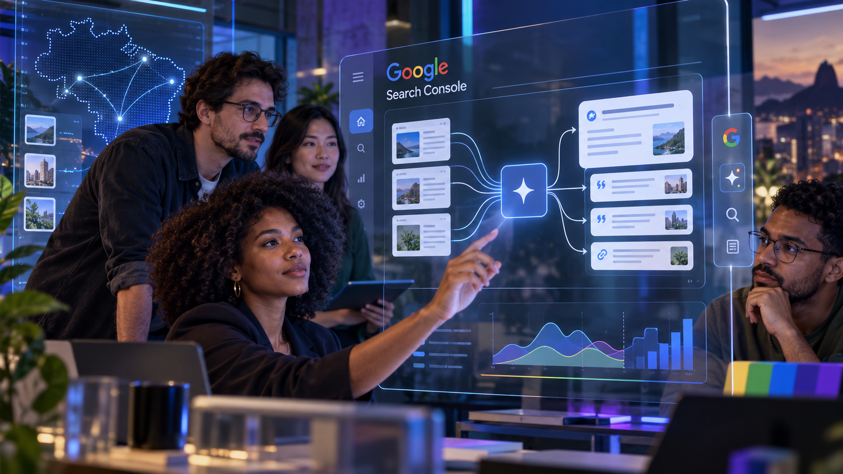 Profissionais brasileiros diversos analisam dados de GEO e inteligência artificial no Google Search Console