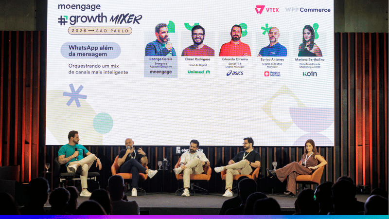 Painel sobre WhatsApp com Rodrigo Garcia, Eurico Antunes, Eduardo Oliveira, Elmer Rodrigues e Mariana Bertholino no Growth Mixer 2026.