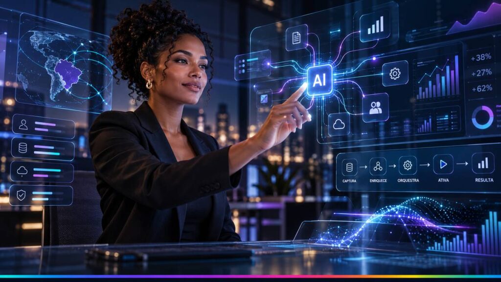 Executiva analisando operação de agentes de IA com dados, governança e automação