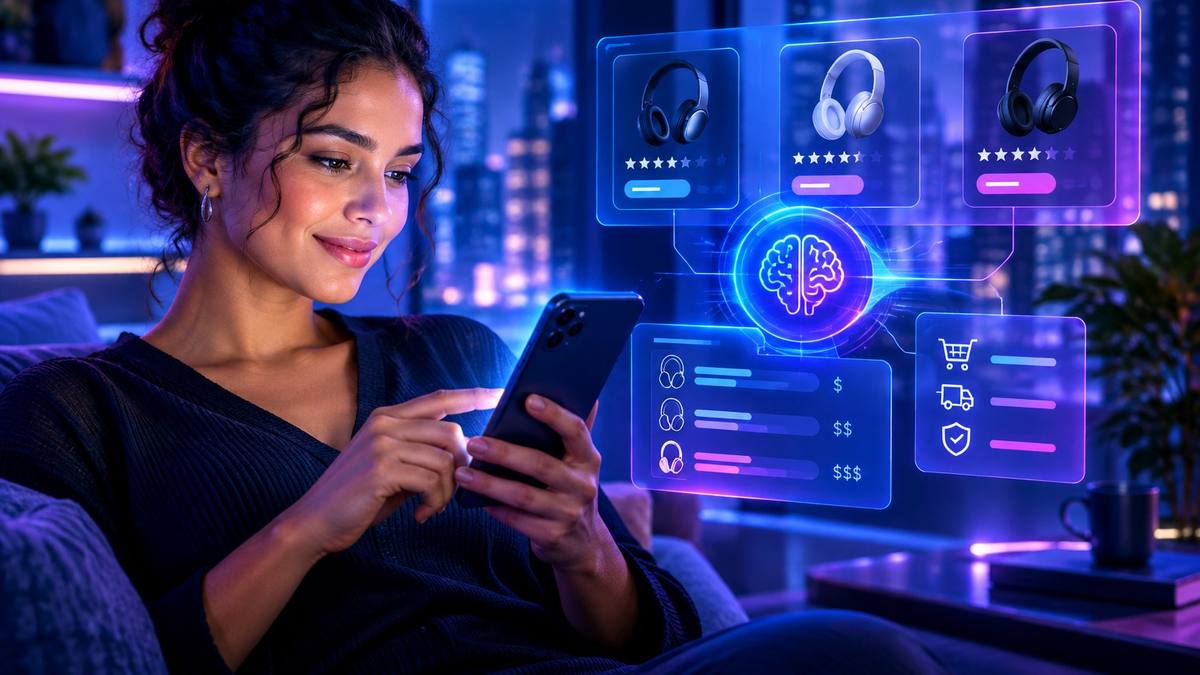 Consumidora usando agente de IA para comparar produtos e realizar compras
