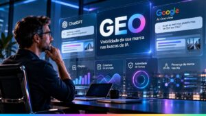 Profissional analisando métricas de GEO e presença de marca nas respostas de IA
