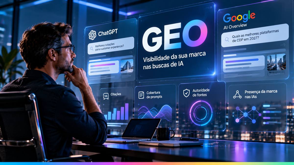 Profissional analisando métricas de GEO e presença de marca nas respostas de IA