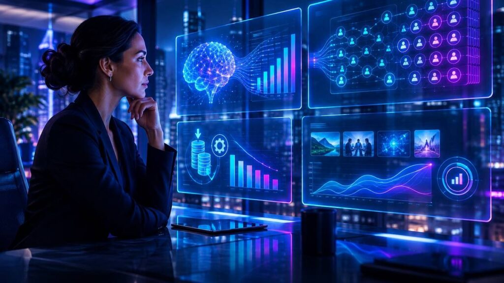 Executiva analisando investimento, escala e ROI de agentes de IA