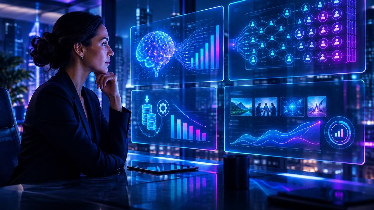 Executiva analisando investimento, escala e ROI de agentes de IA