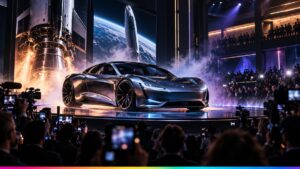 Tesla Roadster em apresentação inspirada por tecnologia aeroespacial e foguetes