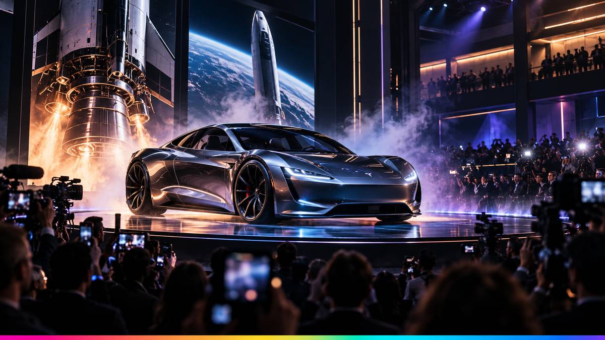 Tesla Roadster em apresentação inspirada por tecnologia aeroespacial e foguetes